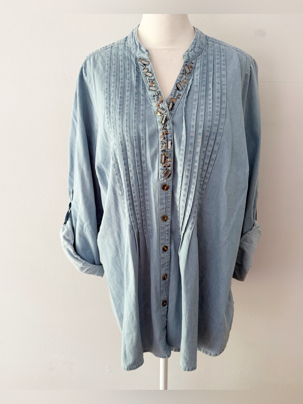 Roamans Women Beaded 100% Cotton Button Down Top Size 18W‎ Mature Casual Classy